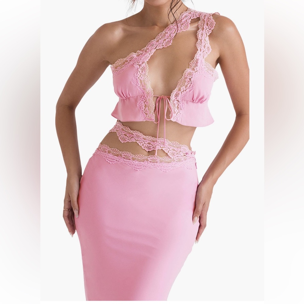 House of CB Lorena One Shoulder Crop Top & Mathilda Lace Trim Satin Maxi Skirt
